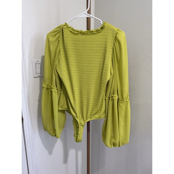 Anthropologie Ruffle Bodysuit Lime Green Deep V Women’s Boho Long Sleeve Small - Picture 3 of 5